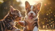 Katze und Hund spielen auf der Wiese / Kätzchen und Welpe toben / Hund und Katze Poster / Haustier Wallpaper / Ai-Ki generiert