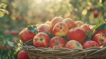 Wall Mural - Harvest Time: Red Apples in Basket on Sunny Green Orchard Table