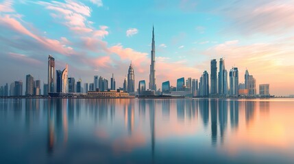 Wall Mural - The skyline of Dubai, United Arab Emirates, is portrayed, highlighting the city's iconic buildings and modern architecture