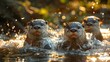 Three otters swim gracefully in the water, a beautiful sight in nature