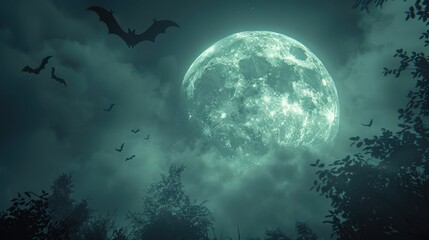 Wall Mural - Spooky Halloween Night with Moon, Clouds, and Bats
