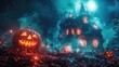 Spooky Halloween Haunted House in Forest with Pumpkins and Ghosts