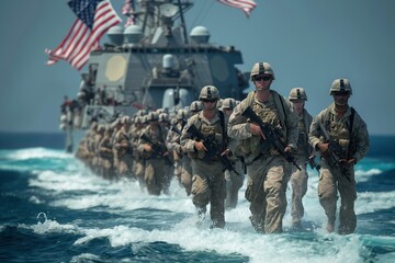 a group of military men walking across a body of water in a coordinated manner.