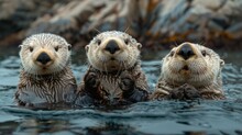 Three North American River Otters Swim Together In The Fluid Nature Of Water