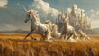 A herd of unicorns was happily playing in the middle of a golden field with a castle and mountains in the background.