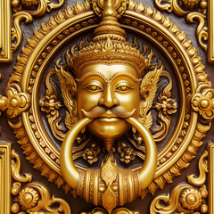 Wall Mural - golden buddha on the wall  statue, sculpture, gold, art, ancient, decoration, religion, door, Ai generated 