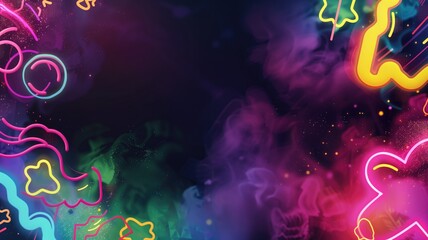 Wall Mural - Abstract colorful neon shapes on a dark smokey background with cosmic, vibrant feel.