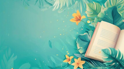 An open book amidst tropical leaves and flowers on a serene turquoise background with floating particles.