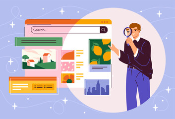 Wall Mural - website programming man concept. young guy with webpage design. graphic designer and developer with 