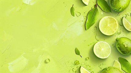 Wall Mural - Fresh limes with leaves on a textured green background water droplets.