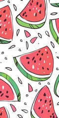 Wall Mural - Watermelon Seamless Pattern, Fruit Wallpaper, Red and Green, Food repeat design, cute cartoon style