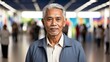 Handsome elderly filipino man on work fair in exhibition hall job hunting looking at camera banner copy space template backdrop portrait from Generative AI