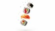 sushi maki tuna and maki salmon falling from the top with flat white background