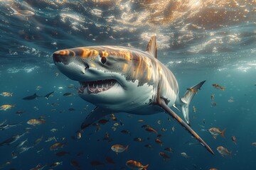 Wall Mural - A great white shark, a Requiem shark of the Lamnidae family, is swimming in the liquid environment of the ocean, surrounded by other fish