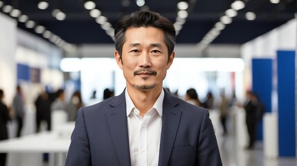 Wall Mural - Handsome middle aged korean man on work fair in exhibition hall job hunting looking at camera banner copy space template backdrop portrait from Generative AI