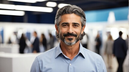 Wall Mural - Handsome middle aged middle east man on work fair in exhibition hall job hunting looking at camera banner copy space template backdrop portrait from Generative AI