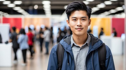 Wall Mural - Young attractive asian boy on work fair in exhibition hall job hunting looking at camera banner copy space template bac from Generative AI