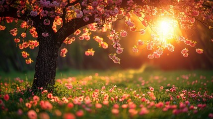 Canvas Print - A majestic tree with delicate pink flowers stands tall among lush green grass, painted in a picturesque setting under the suns warm glow