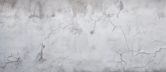 Wall Mural - A close up monochrome photography of a cracked concrete wall covered in frost and snow, with a twig and tree in the background, capturing a freezing winter event