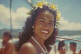 Fototapeta Nowy Jork - Old photo of a young woman in Hawaii smiling