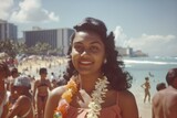 Fototapeta Nowy Jork - Old photo of a young woman in Hawaii smiling