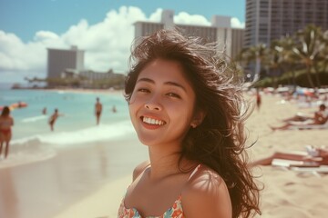 Poster - Old photo of a young woman in Hawaii smiling