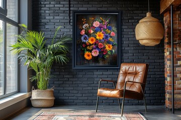 Sticker - A stylish chair and a lush potted plant enhance the atmosphere of a serene room, creating a harmonious blend of nature and comfort