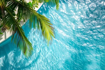 Sticker - A tranquil pool reflecting a clear blue sky, with a lush palm tree casting its shade on the waters edge