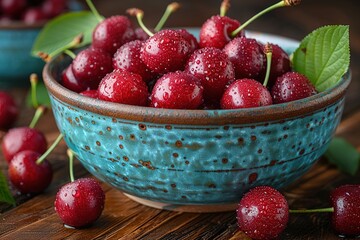 Wall Mural - Fresh cherry on plate on wooden dark background. fresh ripe cherries. sweet cherries