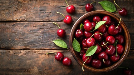 Wall Mural - Fresh cherry on plate on wooden dark background. fresh ripe cherries. sweet cherries