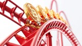 Fototapeta  - A digital illustration showcasing Bitcoin tokens on a red roller coaster, symbolizing the extreme ups and downs of cryptocurrency market volatility.