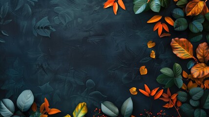 Wall Mural - Dark blue textured background with a mix of orange and green leaves scattered across the surface.