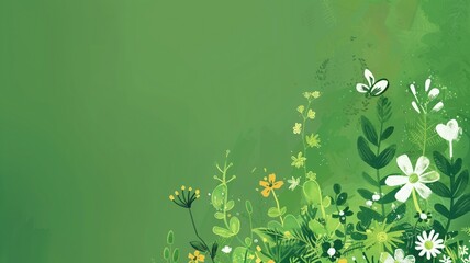 Wall Mural - An artistic green background featuring white and yellow stylized flowers along with various abstract nature elements.