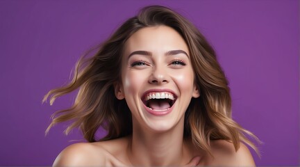 young caucasian woman on plain bright purple background laughing hysterically looking at camera background banner template ad marketing concept from Generative AI