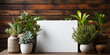 Blank white poster mockup on wooden shelf with houseplants. 3d rendering