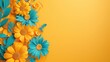 Vibrant 3D illustration of blue and orange flowers on a yellow background.