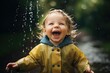A delightful baby standing in the rain, laughing with glee as water droplets fall around them. Generative AI