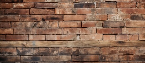 Wall Mural - A closeup shot showcasing a brown brick wall with a wooden shelf in the background. The combination of brickwork and wood creates a rustic and charming aesthetic