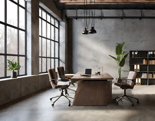 Wall Mural - Modern office interior in loft, industrial style, 3d render. Generative AI.