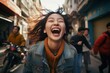 A heartwarming scene capturing the pure joy and connection between a happy girls, very glad smiling with broad smile showing her perfect teeth having fun. Generative AI.