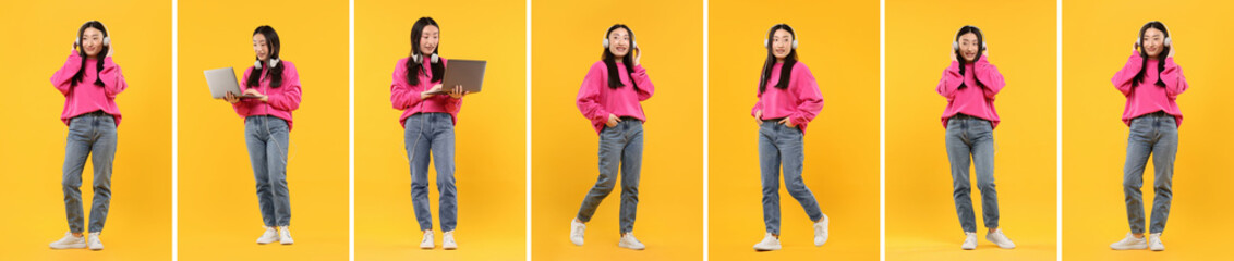 Sticker - Full length portrait of Asian woman with headphones on orange background, set with photos