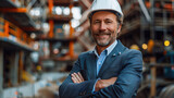 Fototapeta Na drzwi - 
Una fotografía de portada que muestra a un contratista en construcción sonriendo con confianza