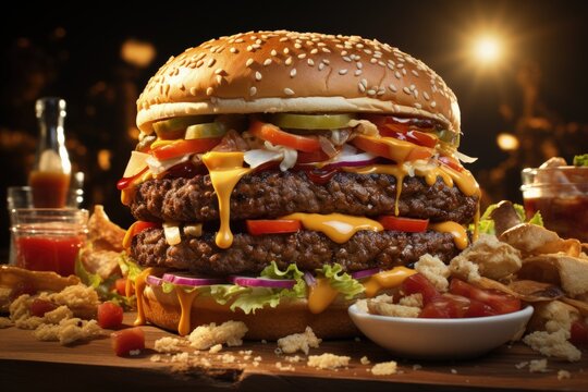 a close-up of a juicy hamburger with all the fixings