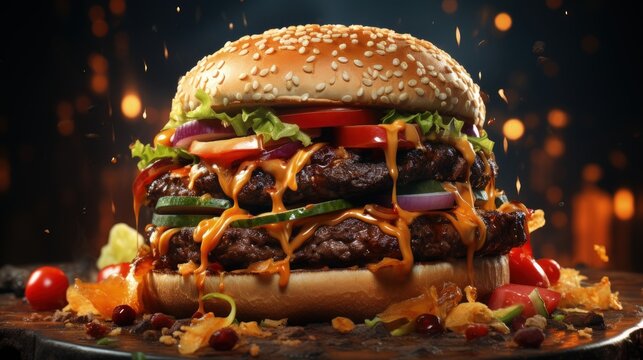 A close-up of a juicy hamburger with all the fixings