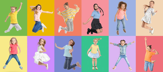 Wall Mural - Group of children jumping on color backgrounds, set of photos