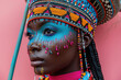  retrato de una guerrera africana  afrofuturista, con adornos coloridos y  pinturas coloridas