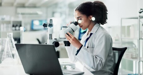 african woman, microscope and laboratory for science with laptop, thinking and check for results. pe