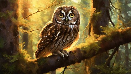 endangered spotted owl perched in a tree in an old-growth forest