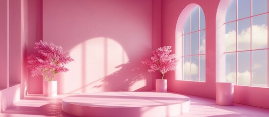 Pink room with cylinder podium for product presentation.