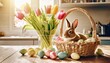 easter composition with bunny and colorful eggs in basket bouquet tulip on kitchen wooden table spring decor with space for text